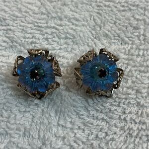 🌼Vintage 50’s🌼 Blue Flower Crystal Clip-On Earrings - Unbranded